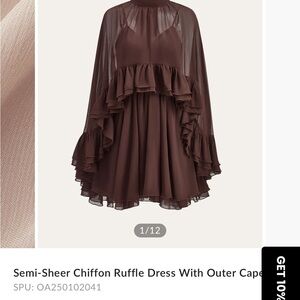Commense Brown Semi-Sheer Chiffon Ruffle Mini Dress
